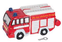 Spardose Feuerwehr Poly mit Schlüssel & Schloss 22x10cm rot/weiß